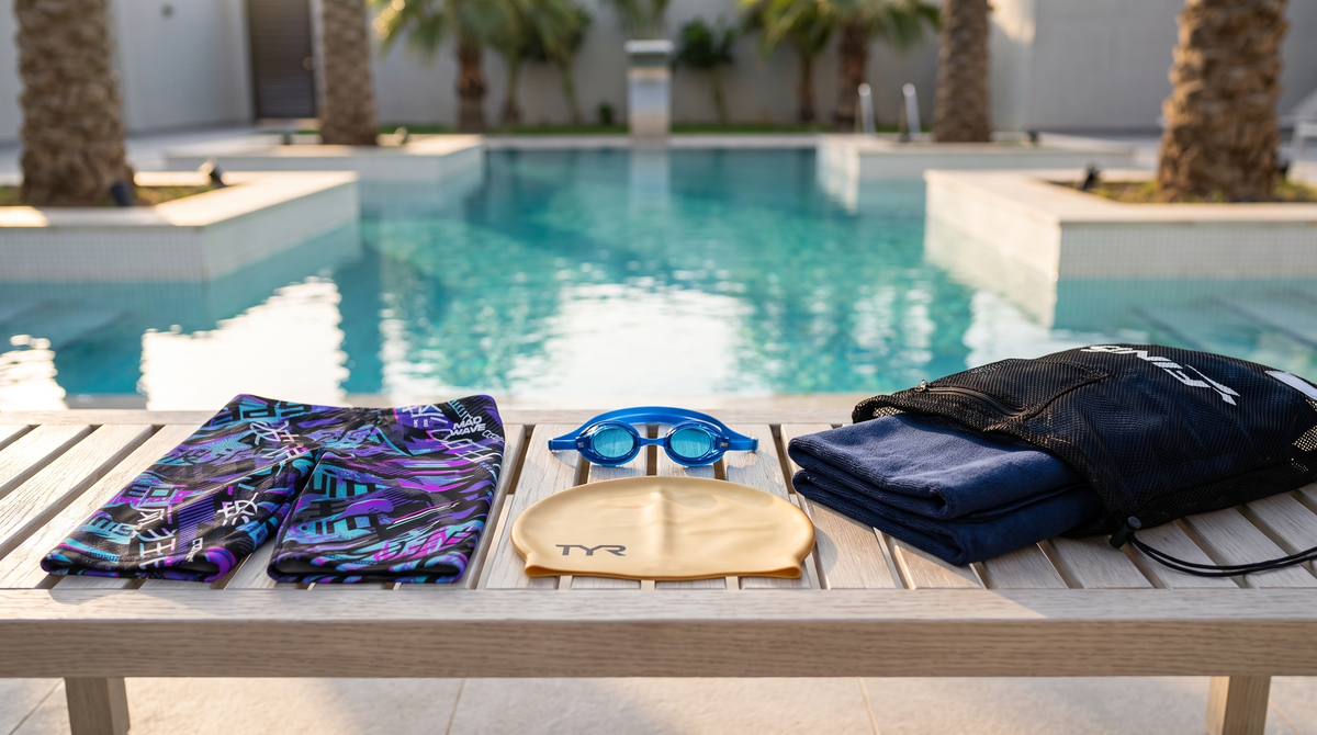 Beginner swimming kit on a poolside bench: training jammer, blue training goggles, TYR silicone cap, towel and mesh bag