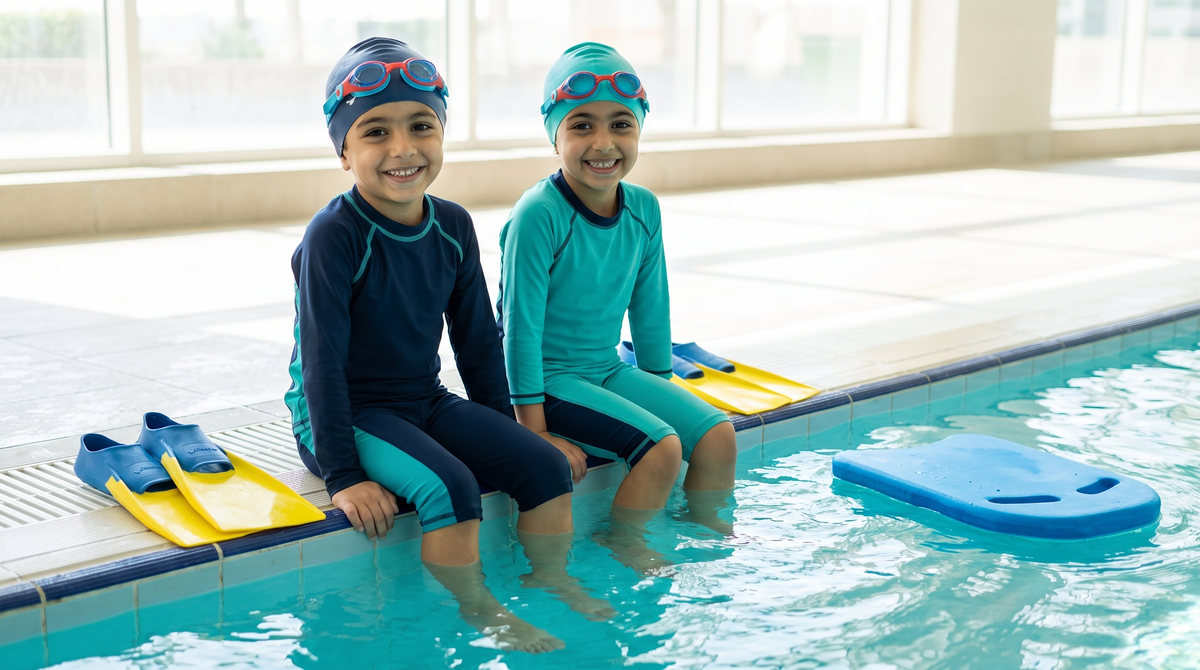 Two smiling children in long-sleeve swimwear, caps and FINIS kids goggles at the pool edge with floating fins and a kickboard