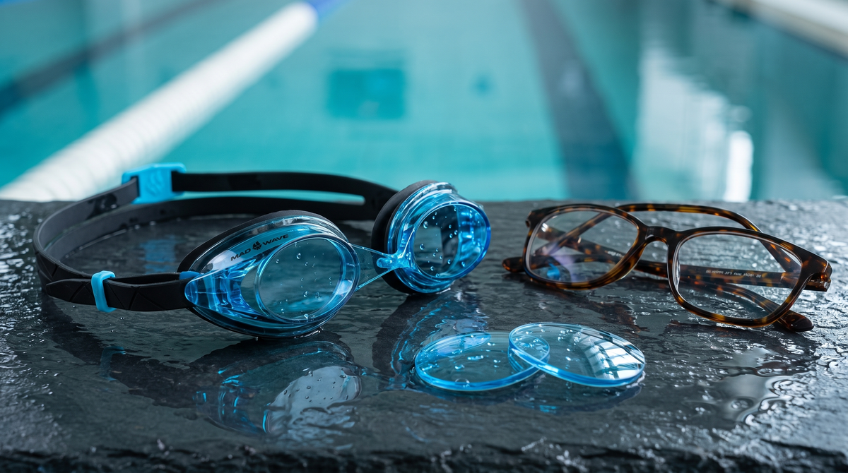 Mad Wave Streamline prescription swimming goggles with spare lenses next to everyday eyeglasses at the pool edge