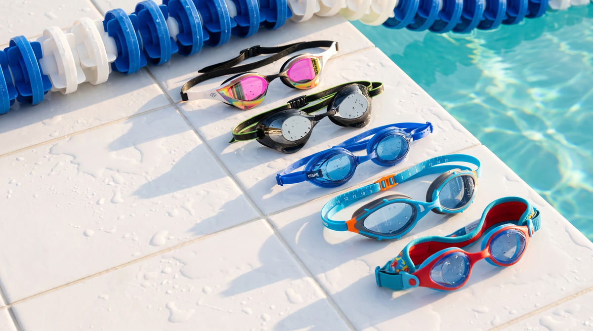 Five types of swimming goggles on wet pool tiles: mirrored racing, black racing, blue training, open water and kids goggles