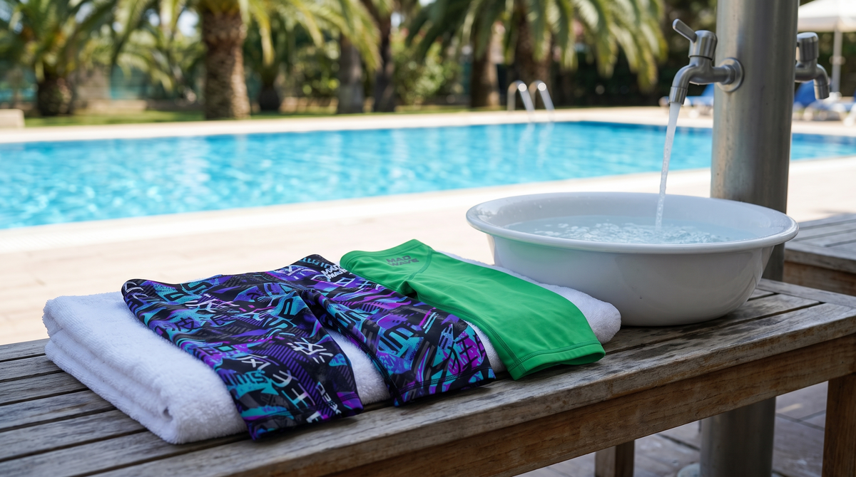 Training and racing jammers laid flat to dry on a towel beside a basin of fresh rinse water at an outdoor pool