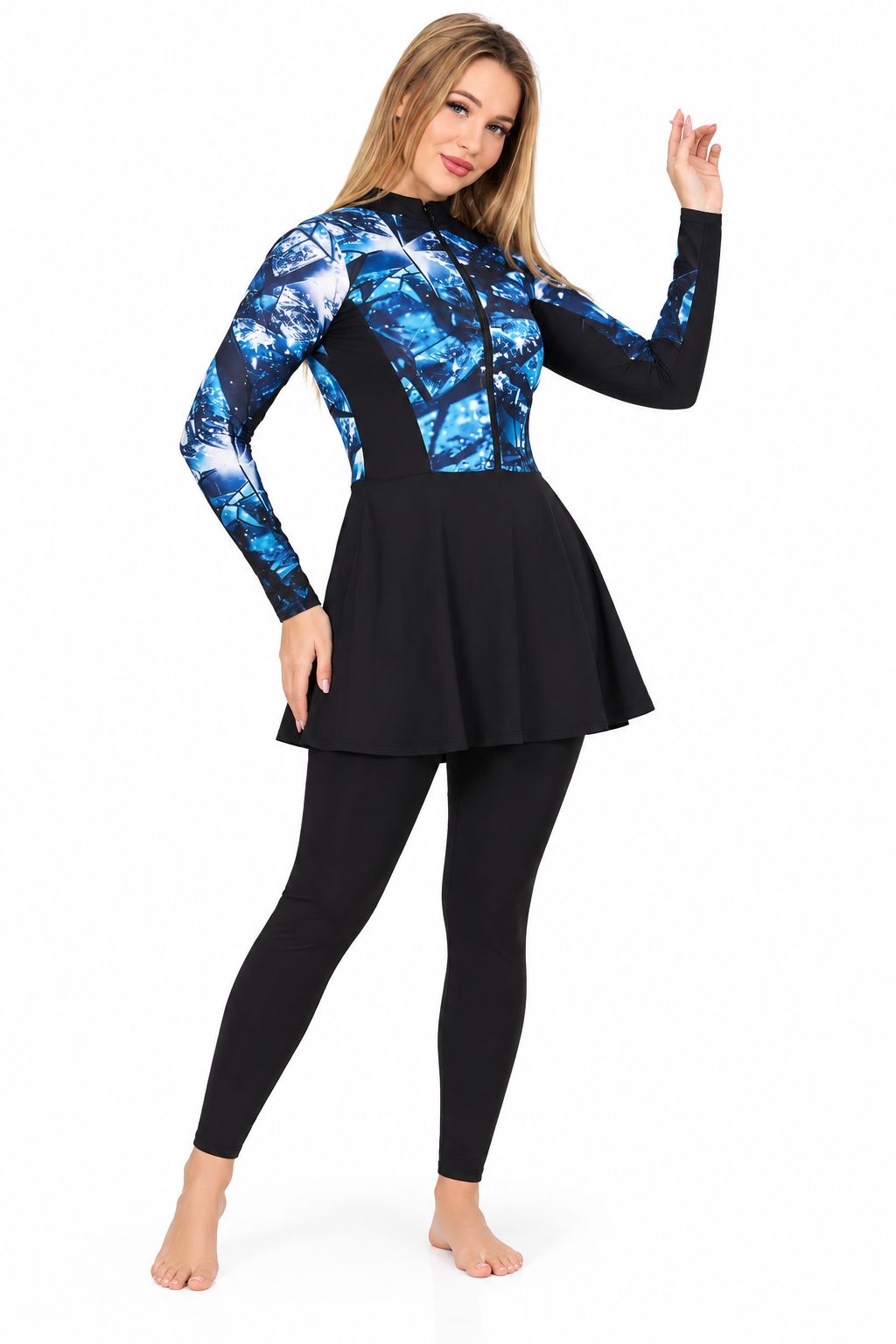 Modest Swimsuit with Skirt – Blue & Black