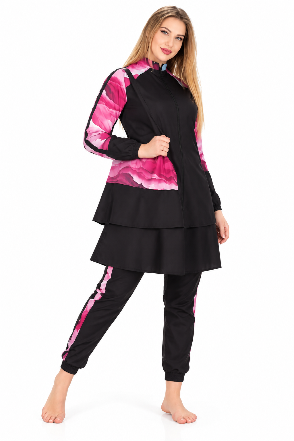 Modest Swimsuit with Tunic and Pants – Black & Pink