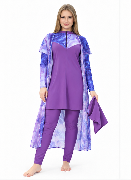 Purple 3-Piece Burkini with Long Cover-Up
