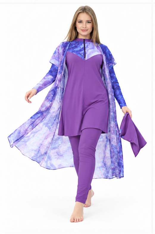 Purple 3-Piece Burkini with Long Cover-Up