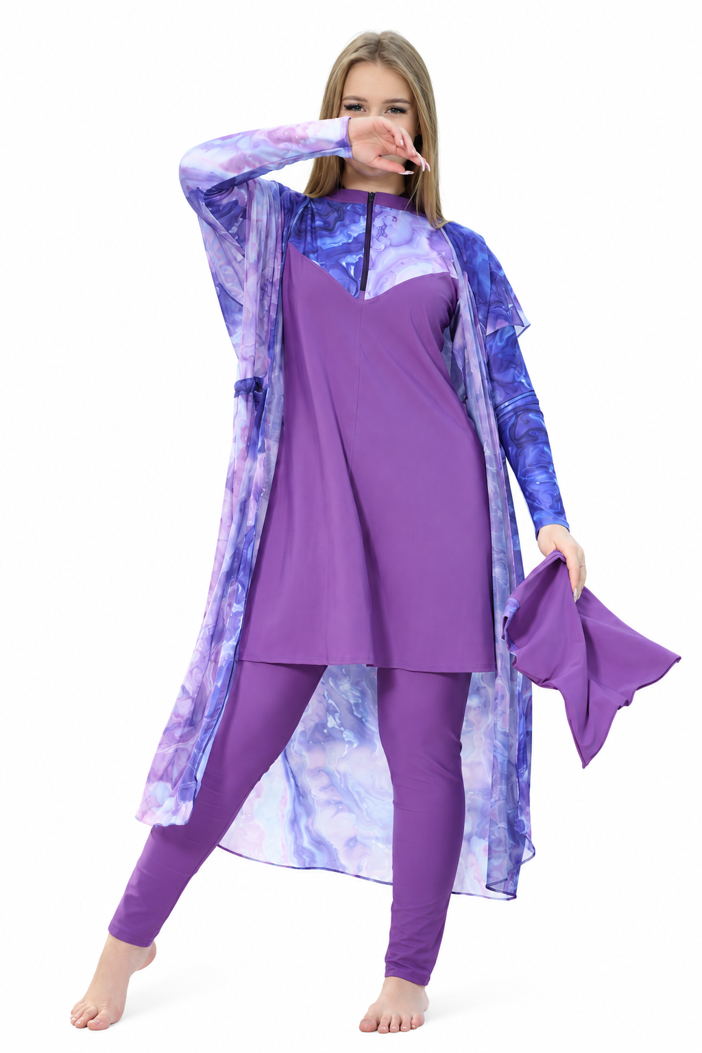 Women's Purple Modest Swimsuit with Long Printed Cover-Up – 3-Piece Burkini Set