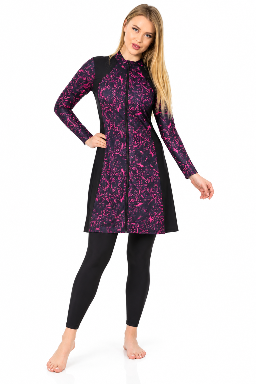 Modest Swimsuit – Black &Pink Printed Tunic with Leggings