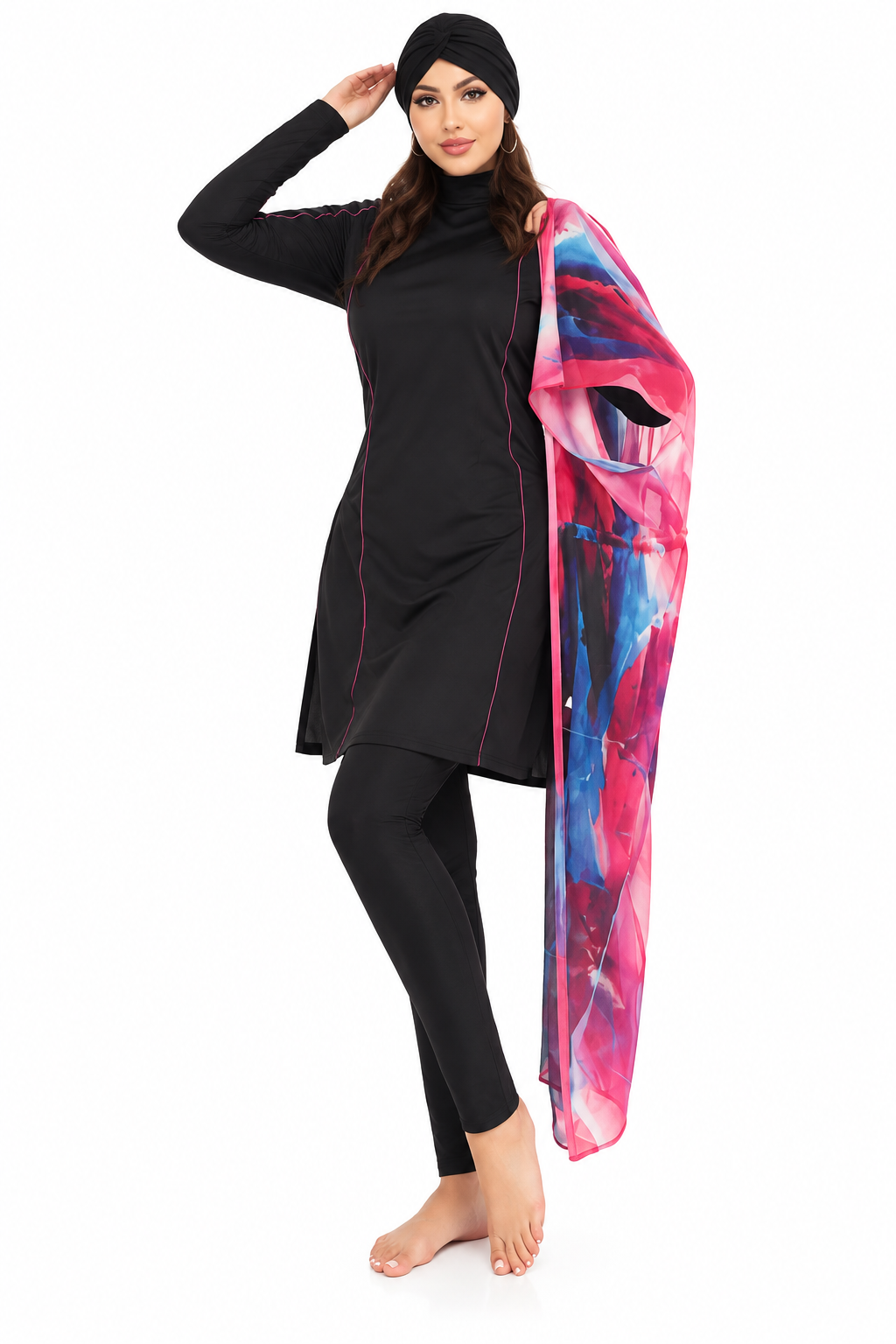 Modest Swimsuit – Black with Printed Cover-Up