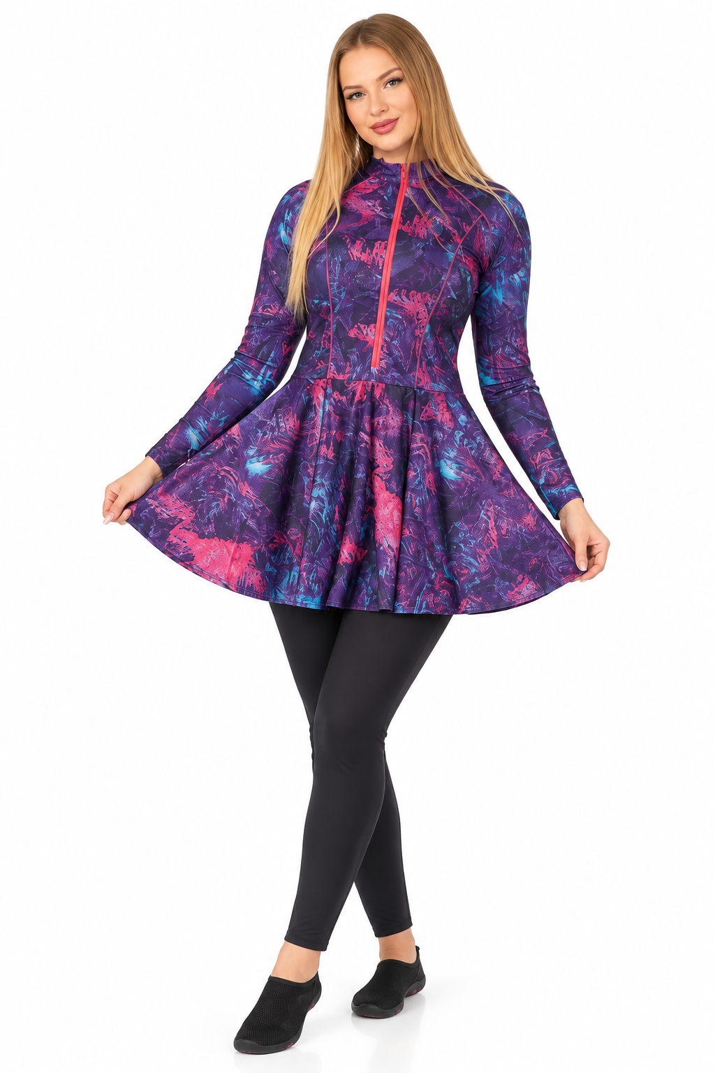 Long Sleeve Modest Swimsuit with Skirt – Purple Print