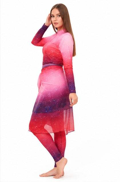 Women's Modest Swimsuit with Skirt – Pink & Purple