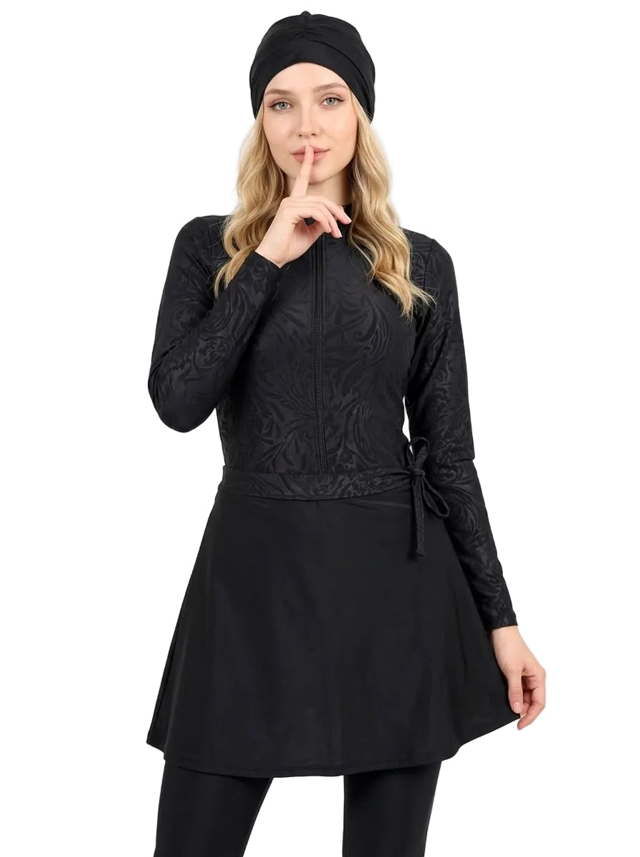 Women's Black Modest Burkini – Long Sleeve Swimsuit with Skirt