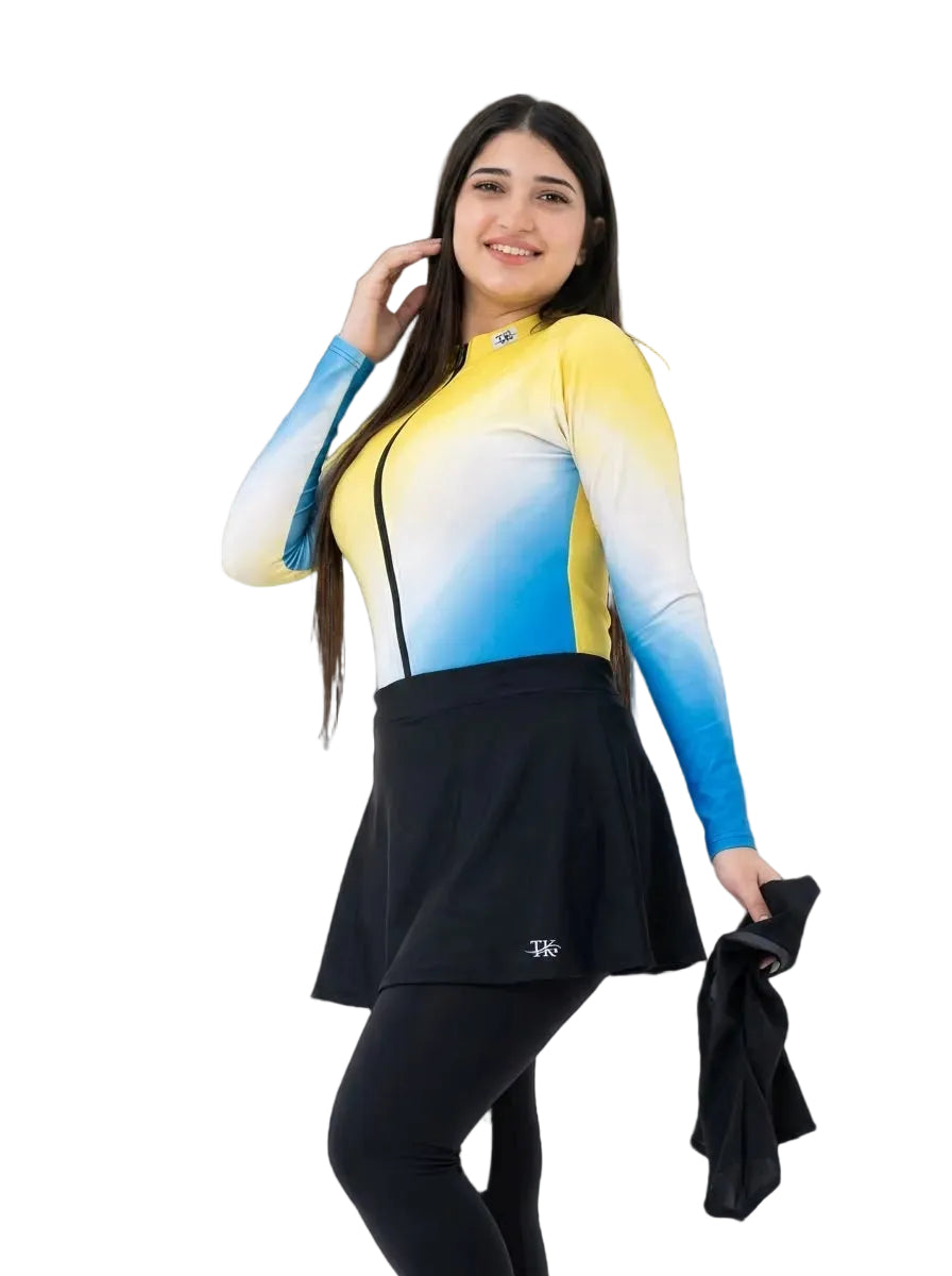 Women's Long-Sleeve Modest Swimsuit with Skirt – Blue &Yellow