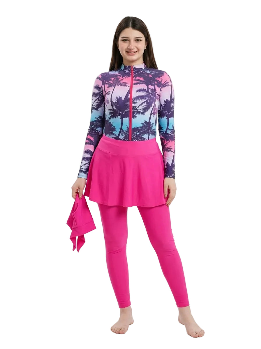 Women's Modest Swimsuit with Skirt – Tropical Pink & Purple