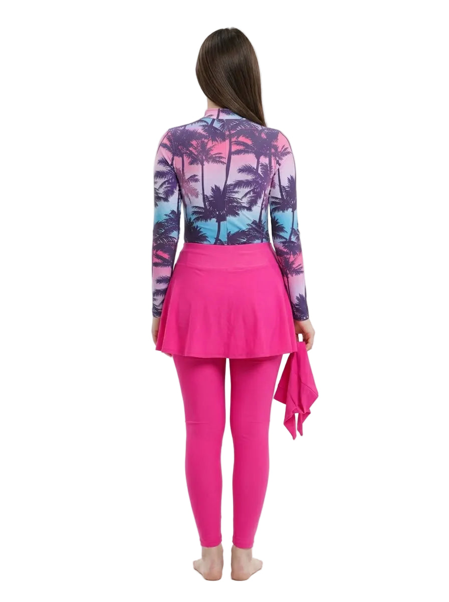 Women's Modest Swimsuit with Skirt – Tropical Pink & Purple