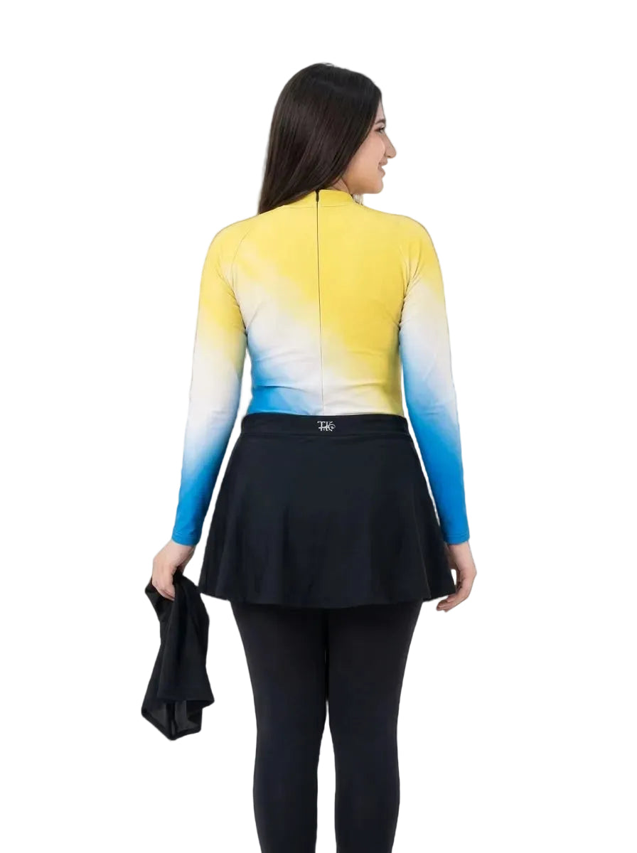 Women's Long-Sleeve Modest Swimsuit with Skirt – Blue &Yellow