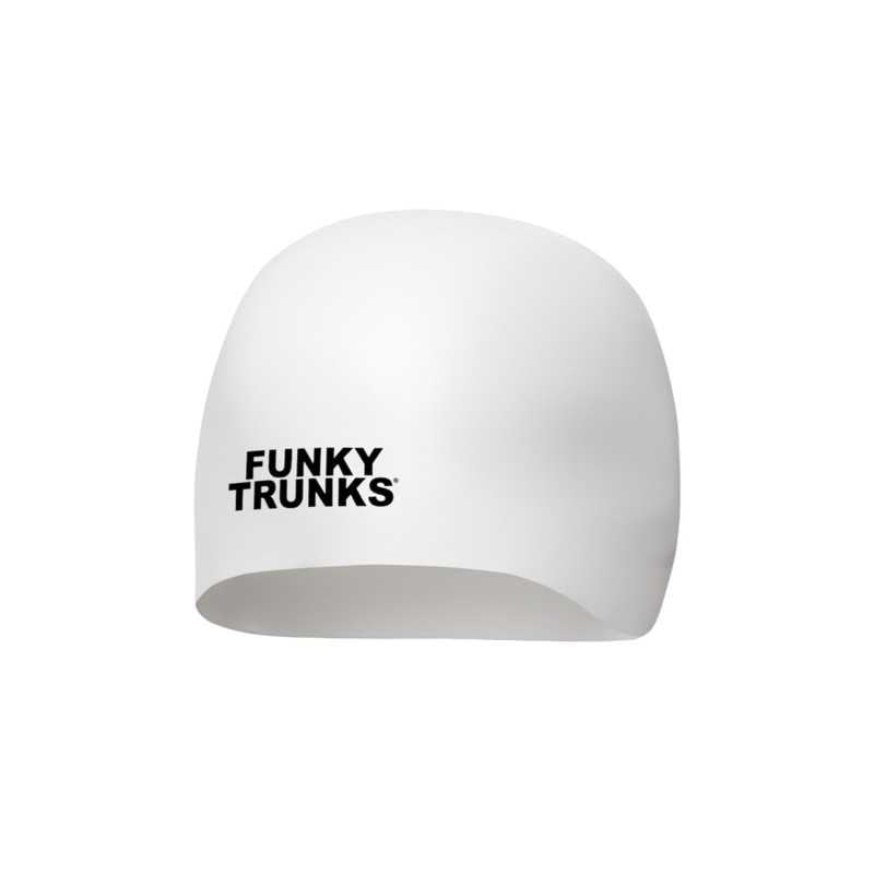 قبعة السباحة للسباقات Funky Trunks Dome – أبيض كلاسيكي | قبعة سباحة سباق من السيليكون