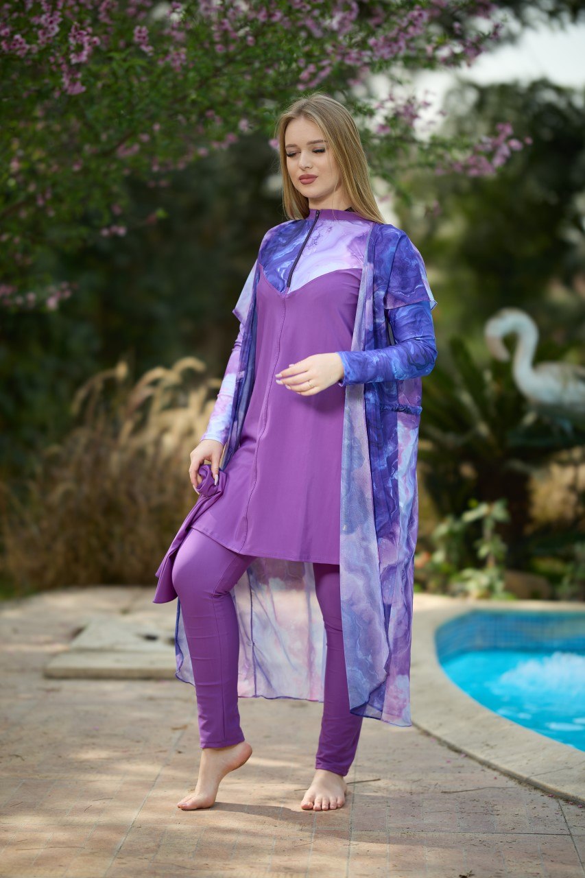 Women's Purple Modest Swimsuit with Long Printed Cover-Up – 3-Piece Burkini Set