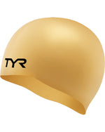 TYR Adult Wrinkle Free Silicone Training Swim Cap in Gold / Green / NVY, product view